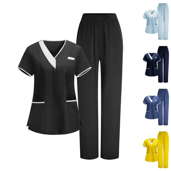 Pxxlle Black Scrub Sets for Women Plus Size V Neck Short Sleeve Scrubs Tops and Elastic Waistband Pants Solid Color Nursing Uniform with Pockets Yellow S