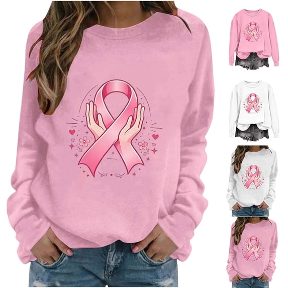 Pxxlle Breast Cancer Awareness Shirts for Women Pink Ribbon Graphic Tees Cancer Survivor Long Sleeve Crewneck Sweatshirts Gifts Tops M
