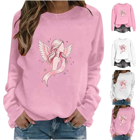 Pxxlle Breast Cancer Awareness Shirts for Women Pink Ribbon Print Tops for Cancer Fighter Casual Long Sleeve Crew Neck Sweatshirt M