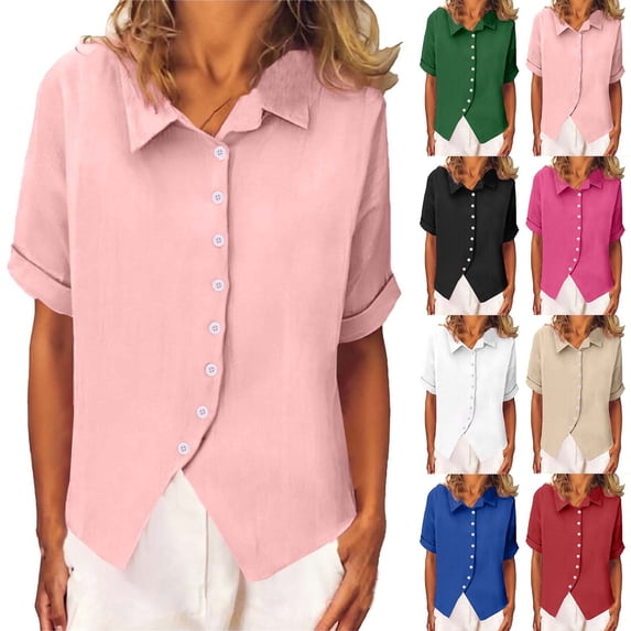 Pxxlle Button Down Shirts for Women Business Casual Short Sleeve Shirt Solid Color Curved Hem Blouses Dressy Lapel Tops Pink XXL