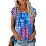 Pxxlle Cap Sleeve Tshirts for Women Fourth July Graphic Tees Casual Round Neck T-shirts Stars and Stripes Print Tops
