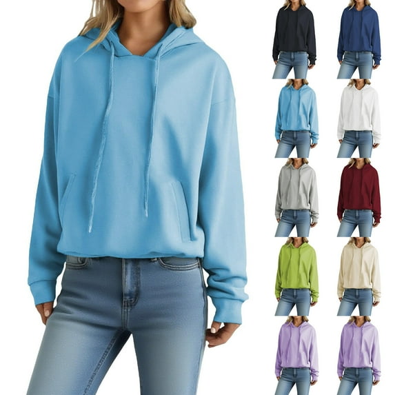 Pxxlle Casual Hoodies for Women Fall Long Sleeve Hooded Pullover Tops Solid Color Drawstring Sweatshirts with Pockets Light Blue L