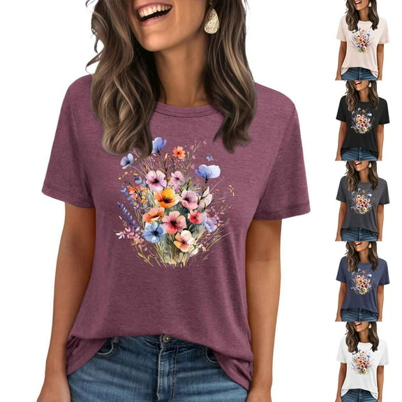 Pxxlle Casual T Shirts for Women Trendy Floral Graphic Tee Shirts Loose Fit Round Neck Tshirt Comfy Short Sleeve Going Out Beach Vacation Tshirts (Red S)