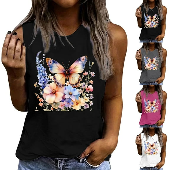 Pxxlle Casual Tank Tops for Women Fashion Flower Graphic Tank Shirts Comfy Cotton Sleeveless Tank Top Loose Fitted Round Neck Summer Going Out Tops Gray M