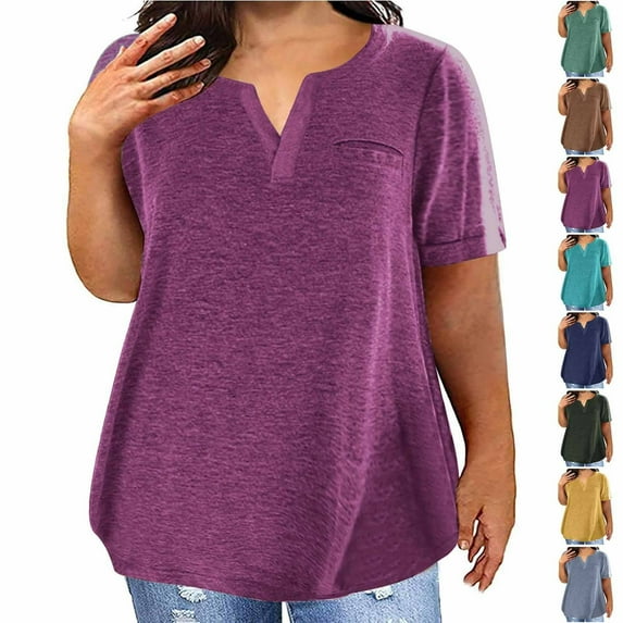Pxxlle Casual Tshirts for Women Plus Size Notch V Neck Summer Tshirt Loose Fitted Short Sleeve Tunic Tops Solid Color Classic Fit Tees Yellow XXXXL