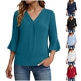 thumbnail image 1 of Pxxlle Chiffon Shirts for Women Dressy Ruffle 3/4 Sleeve Shirt Business Casual V Neck Pleated Blouses Solid Color Tops for Office Work Green S, 1 of 5