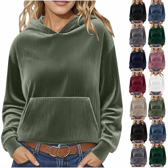 Pxxlle Corduroy Sweatshirt for Women Long Sleeve Pullover Tops Loose Fit Hooded Sweatshirt Fall Winter Casual Solid Hoodies with Kangaroo Pocket Dark Blue L