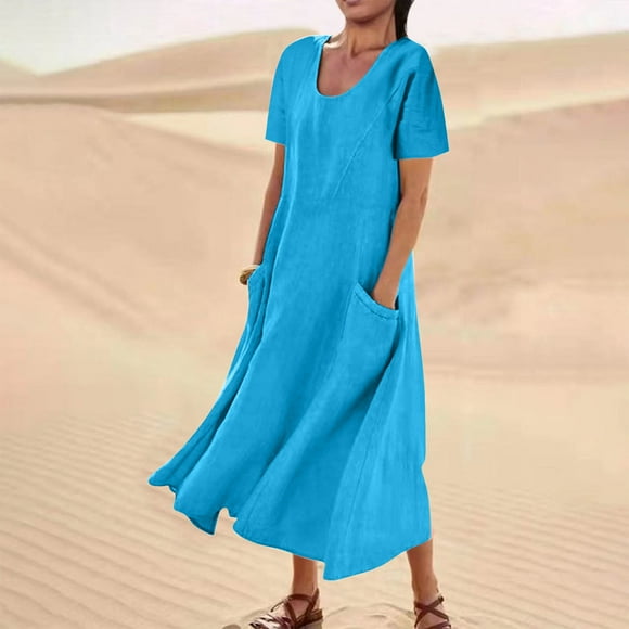 Pxxlle Cotton Linen Dress for Women Plus Size Short Sleeve Dresses with Pockets Loose fit Scooped Neck Summer Dress Solid Color A Line Dress