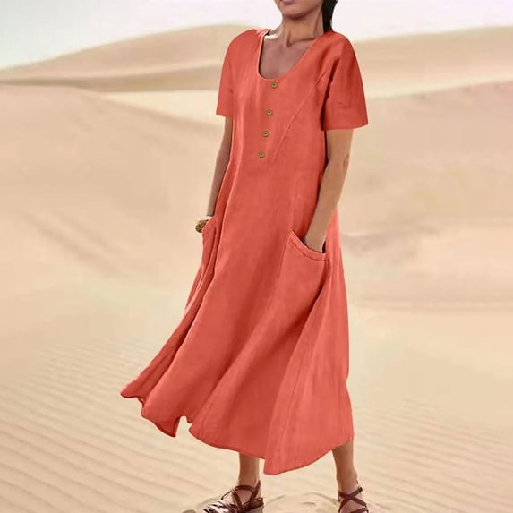 Pxxlle Cotton Linen Dresses for Women with Pockets Loose Fit Scooped Neck Dress Comfy Shorts Sleeve A Line Dress Solid Color Mid Sundress