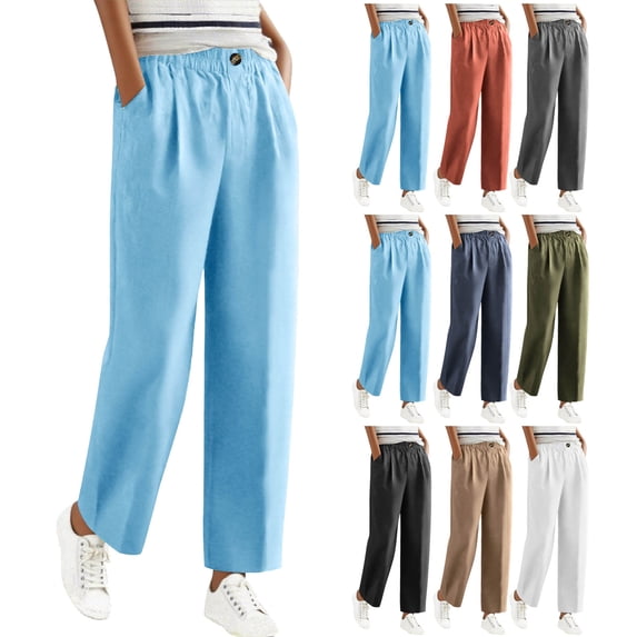 Pxxlle Cotton Linen Pants Women Plus Size Wide Straight Leg Pant with Pockets Casual Elastic Waisted Summer Spring Trousers Navy XXL