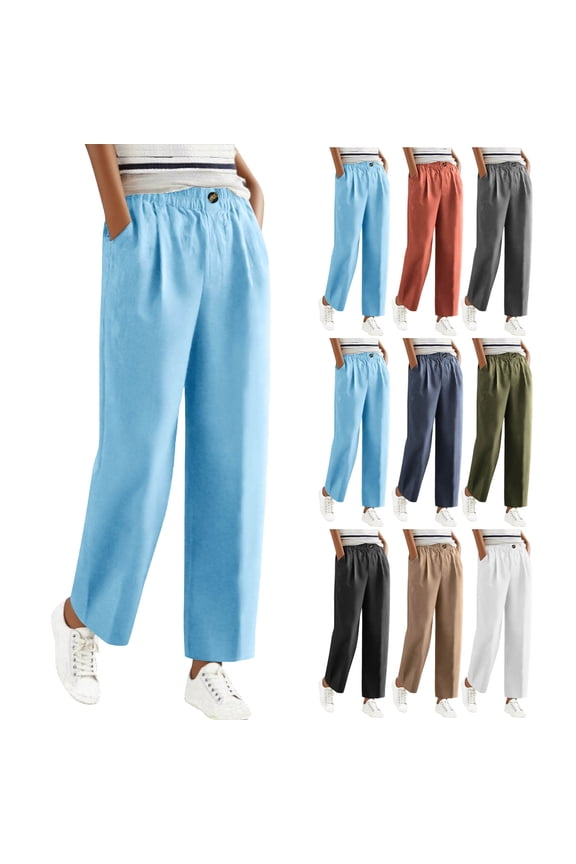 Cotton Linen Pants Women Plus Size Wide Straight Leg Pant with Pockets Casual Elastic Waisted Summer Spring Trousers Orange XL