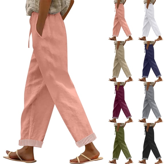 Pxxlle Cotton Linen Pants for Women Loose Fit Wide Leg Beach Vacation Long Pant Lightweight Drawstring High Waisted Summe Pant with Pockets Black L