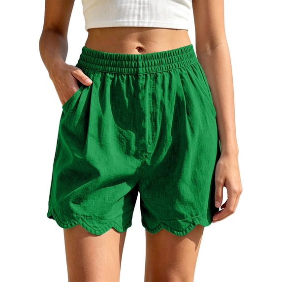 Pxxlle Cotton Shorts for Women with Pockets Trendy Summer Wave Hem Shorts Casual Elastic High Rise Shorts Beach Vacation Green S