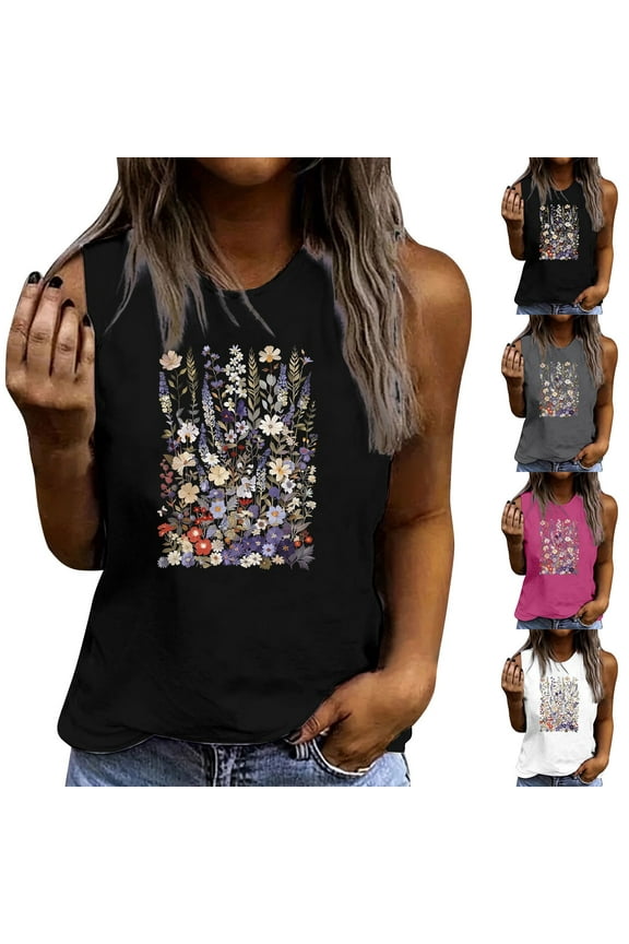 Cotton Tank Tops for Women Casual Summer Sleeveless Going Out Tops Fashion Floral Graphic Tanks Loose Fit Round Neck Beach Vacation Clothes Gray M