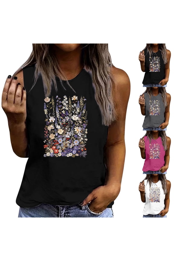 Cotton Tank Tops for Women Casual Summer Sleeveless Going Out Tops Fashion Floral Graphic Tanks Loose Fit Round Neck Beach Vacation Clothes Gray XXL