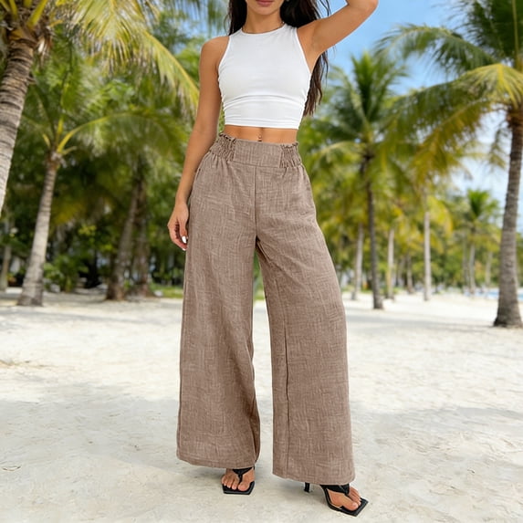 Pxxlle Dress Pants for Women Business Casual Wide Leg Slacks Solid Color High Waisted Office Work Trousers with Pockets Khaki L