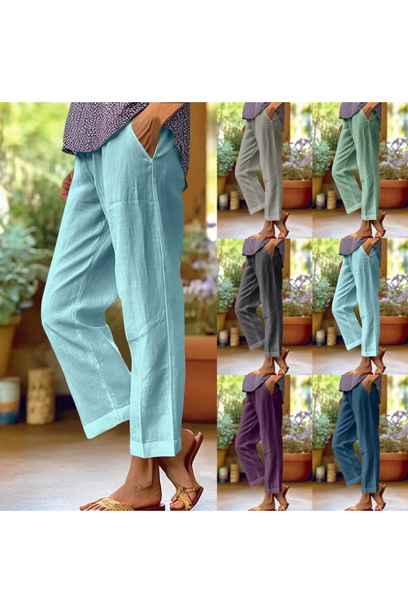 Dressy Casual Straight Leg Pants for Women Plus Size Cotton Linen Pant with Pockets Spring Summer High Waisted Trousers Light Blue S