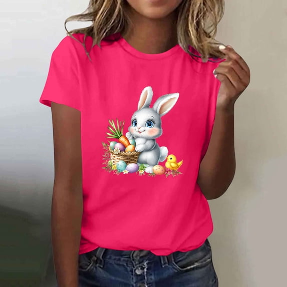 Pxxlle Easter Shirts for Women Cute Bunny Rabbit Graphic Tees Casual Short Sleeve Holiday T Shirts Loose Fit Round Neck Tops for Family Party S