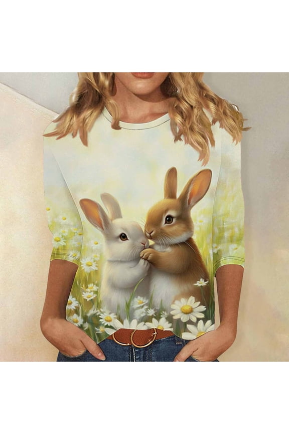Easter Shirts for Women Cute Eggs Graphic Tees Plus Size 3/4 Sleeve Holiday Shirts Easter Gifts Tops XXXL