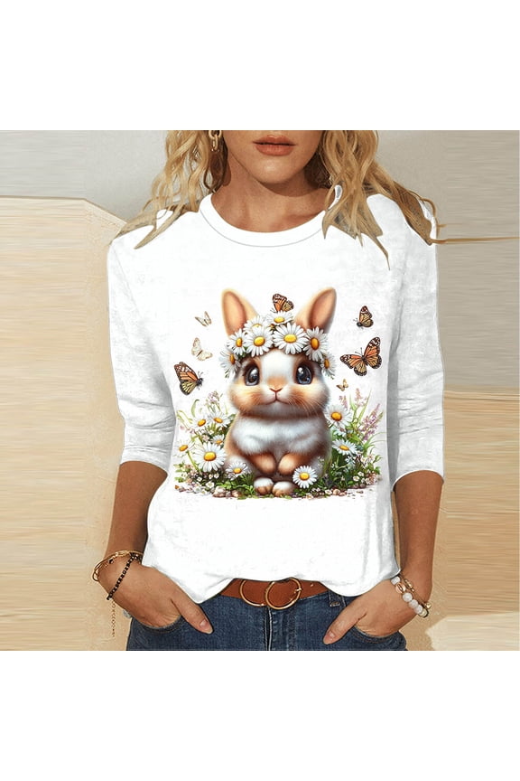 Easter Shirts for Women Plus Size 3/4 Sleeve Crewneck T Shirts Cute Easter Bunny Rabbit Graphic Tees Easter Day Gifts for Women XXXL