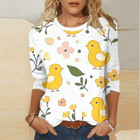 Pxxlle Easter Tshirts for Women Cute Easter Eggs Graphic Tees Loose Fit 3/4 Sleeve Crewneck Holiday Tops Easter Day Family Party Outfits L