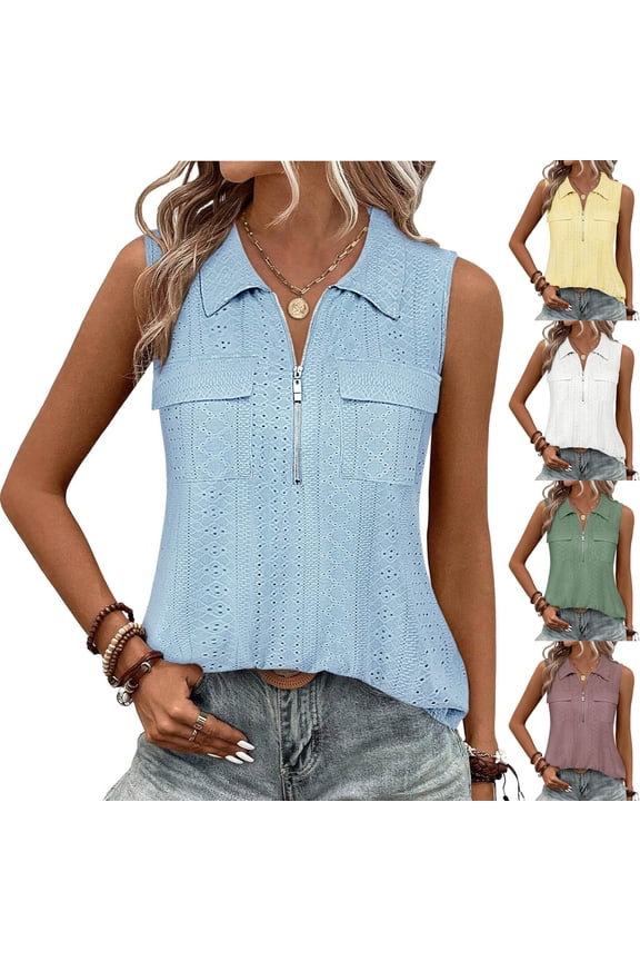 Eyelet Tops for Women Summer Casual Quarter Zip Tank Top with Pocket Loose Fit Sleeveless Beach Vacation Shirts Green S