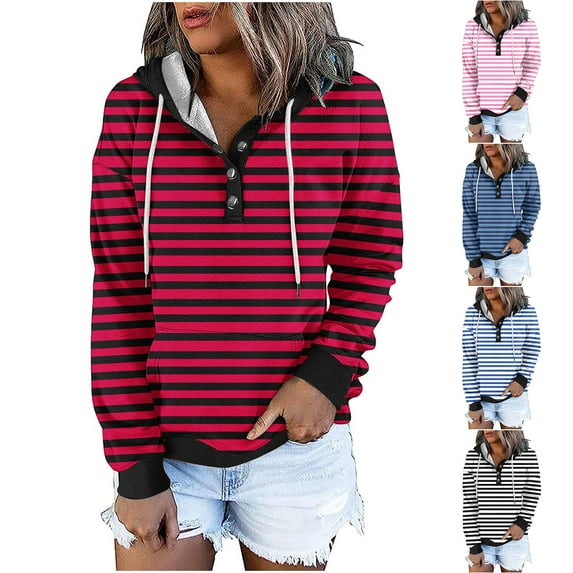 Pxxlle Fashion Hoodie for Women Striped Graphic Hoodies Casual Half Button Hooded Pullover Tops Loose Fit Long Sleeve Fall Sweatshirts with Pockets Black S