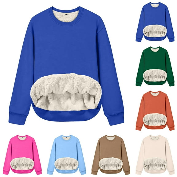 Pxxlle Fleece Lined Sweatshirts Women Thermal Winter Long Sleeve Pullover Tops Casual Round Neck Sweatshirt Solid Color Warm Winter Clothes Orange M