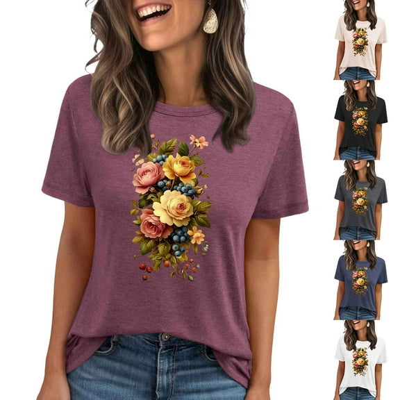 Pxxlle Flower Graphic Tees for Women Casual Short Sleeve Cotton T Shirts Loose Fit Round Neck Going Out Tops (Beige XXL)