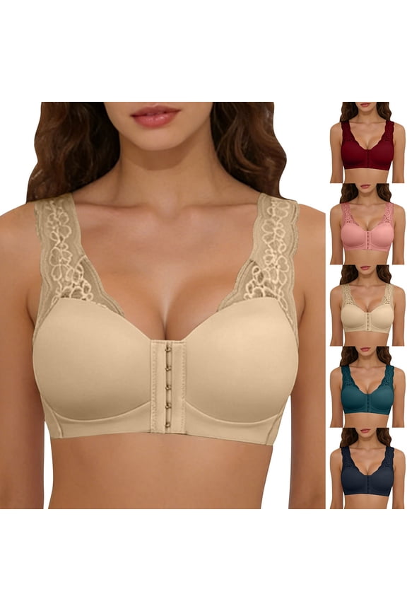 Front Closure Bras for Women Patchwork Lace Straps Wireless Bra Comfort Full Coverage Supportive Everyday Bralettes L Navy