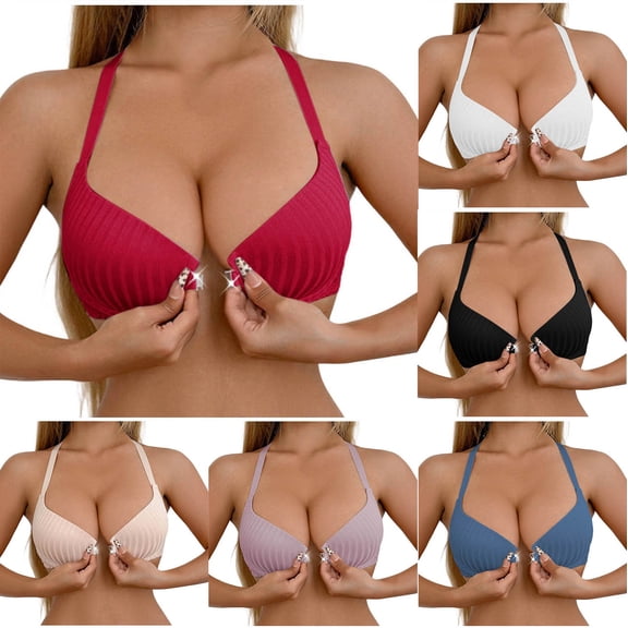 Pxxlle Front Closure Bras for Women Wireless Supportive Everyday Bra Deep V Adjustable Straps Full Coverage Bralettes XXL Black