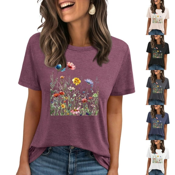 Pxxlle Graphic Tees for Women Short Sleeve Summer Casual T Shirts Loose Fitted Round Neck Tshirt Fashion Going Out Tops (Dark Blue S)