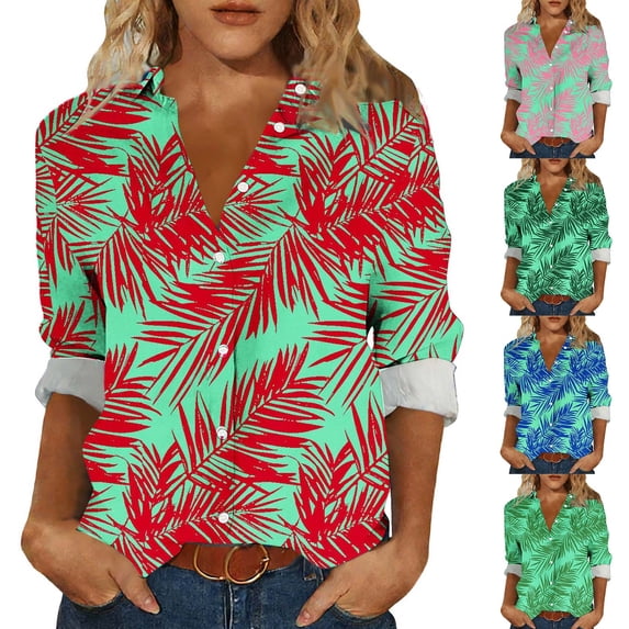 Pxxlle Hawaiian Shirts for Women Fashion Tropical Graphic Shirt Plus Size Button Down Tops for Beach Vacation Green S