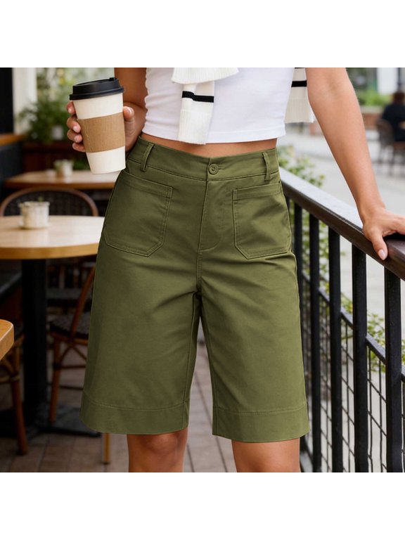 Knee Length Shorts for Women with Pockets Casual Summer High Waisted Work Office Shorts Business Dress Wide Leg Shorts Army Green XXL