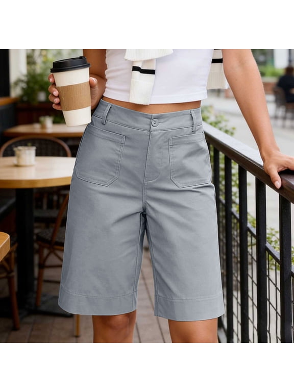 Knee Length Shorts for Women with Pockets Casual Summer High Waisted Work Office Shorts Business Dress Wide Leg Shorts Gray XL