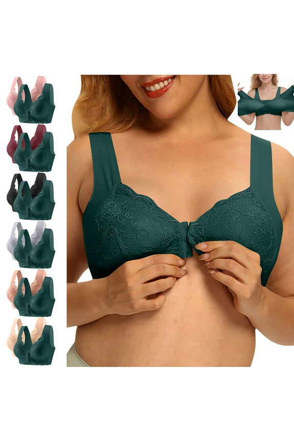 Lace Bras for Women Plus Size Wireless Seamless Everyday Bra for Big Breasts Full Coverage Front Closure Bralettes Breathable Push Up Brassiere for Large Breast Pack of 2 L Pink