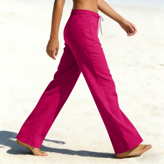 Pxxlle Linen Pants Women Drawstring Low Waisted Long Pant Lightweight Straight Leg Trousers with Pockets Hot Pink S