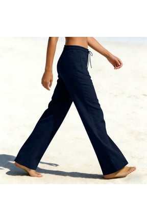 Linen Pants Women Drawstring Low Waisted Long Pant Lightweight Straight Leg Trousers with Pockets Navy L