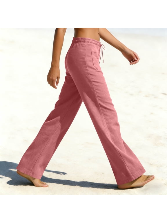 Linen Pants Women Drawstring Low Waisted Long Pant Lightweight Straight Leg Trousers with Pockets Pink XXL