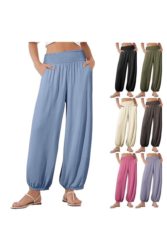 Linen Pants Women Loose Fit Wide Leg Vacation Pant Smocked Elastic High Waisted Lounge Trousers with Pockets Hot Pink L