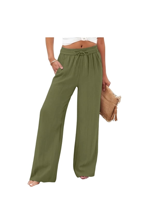 Linen Pants for Women Loose Fit Wide Leg Palazzo Pant Business Casual Summer Elastic Waisted Drawstring Flowy Trousers for Vacation Vacation Green L