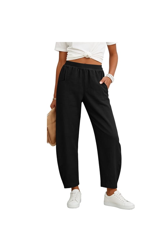 Linen Pants Women Loose Fit Wide Leg Pant Trendy Back Elastic Waisted Pants Trendy Summer Beach Vacation Trousers with Pockets Black XXL