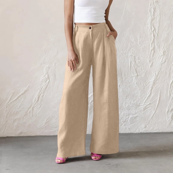 Pxxlle Linen Pants for Women Business Casual Wide Leg Slacks Solid Color High Waisted Trousers with Pockets Beige L
