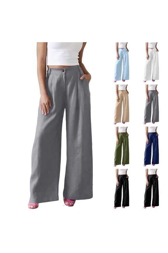 Linen Pants for Women Business Casual Wide Leg Slacks Solid Color High Waisted Trousers with Pockets Black XL
