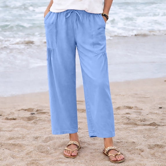 Pxxlle Linen Pants for Women Plus Size Wide Leg Pant Lightweight Drawstring Elastic Waisted Trousers with Pockets Blue L