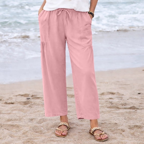 Pxxlle Linen Pants for Women Plus Size Wide Leg Pant Lightweight Drawstring Elastic Waisted Trousers with Pockets Pink S