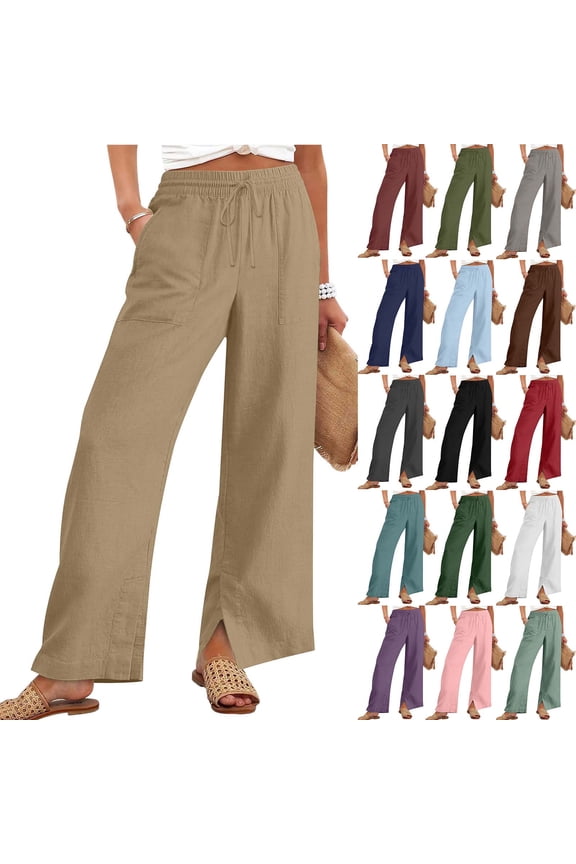 Linen Pants for Women Plus Size Wide Leg Summer Pant with Pockets Casual Drawstring Elastic Waisted Trousers for Beach Vacation Mint Green S