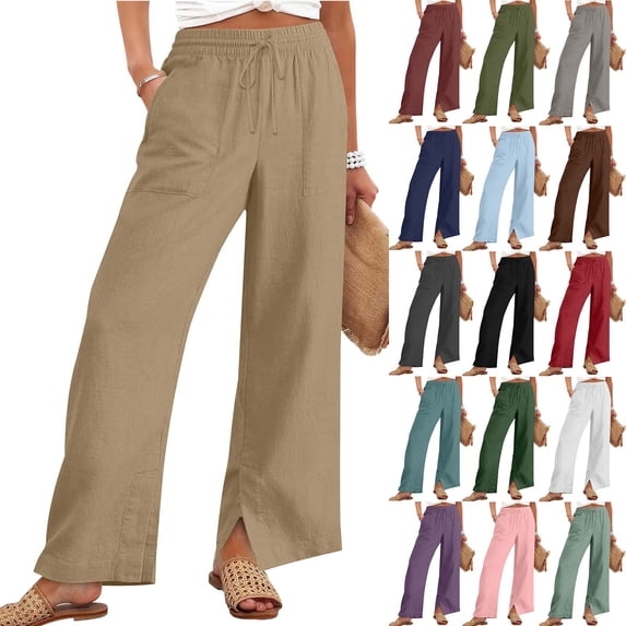 Pxxlle Linen Pants for Women Plus Size Wide Leg Summer Pant with Pockets Casual Drawstring Elastic Waisted Trousers for Beach Vacation Wine S