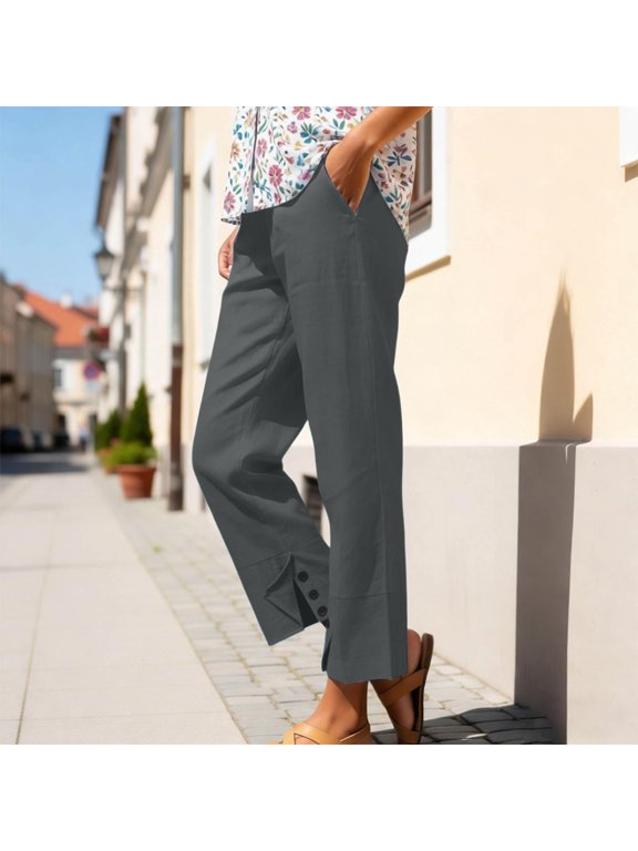 Linen Pants for Women with Pockets Casual Elastic Waisted Pant Solid Color Wide Leg Split Button Trousers Gray M