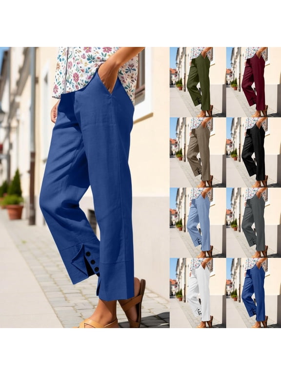 Linen Pants for Women with Pockets Casual Elastic Waisted Pant Solid Color Wide Leg Split Button Trousers Khaki XL